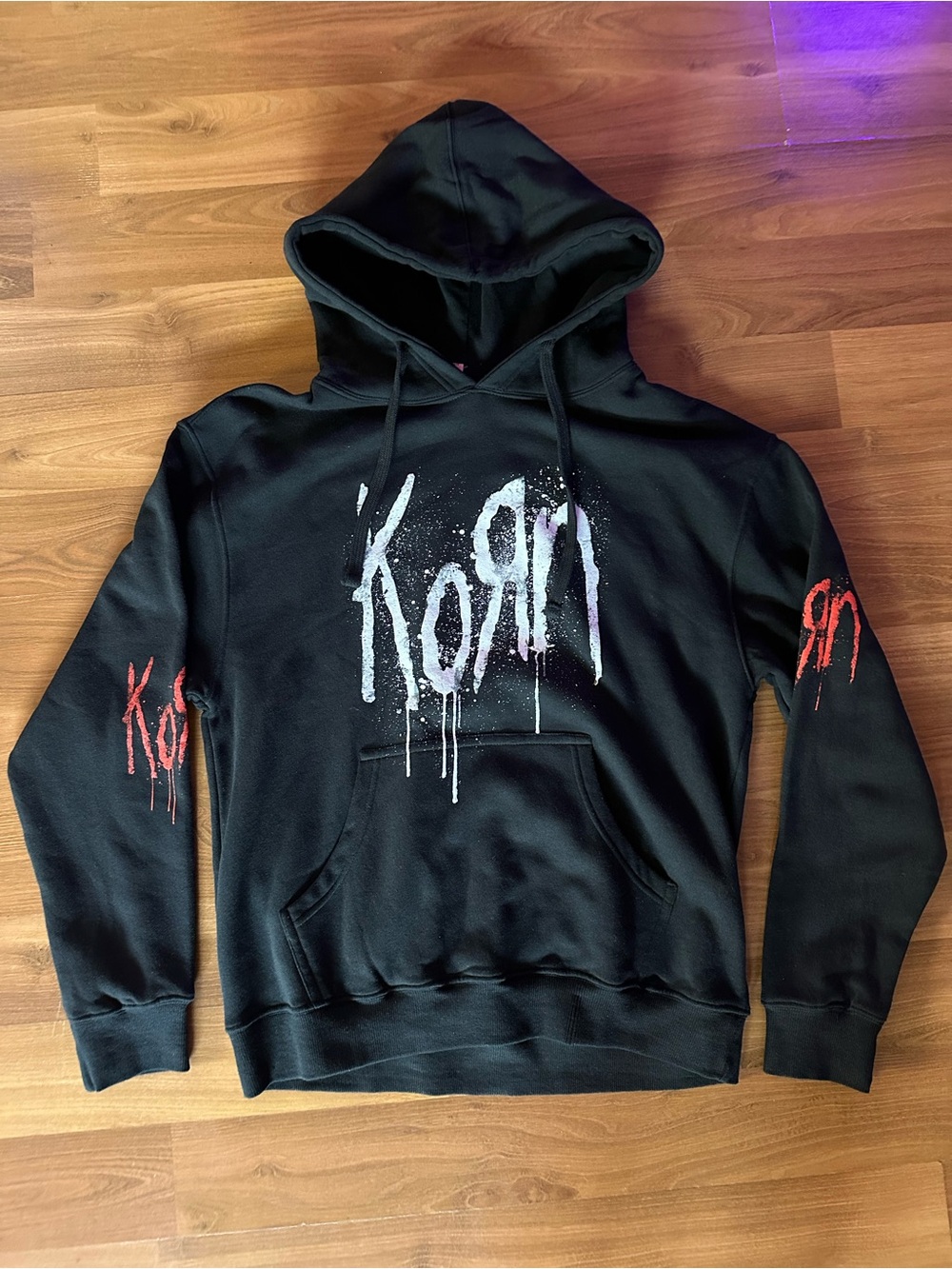 Hot Topic Black Korn Drip Logo Hoodie with Red Sleeve Accents
